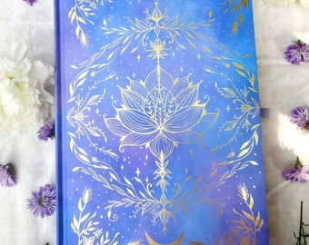 Ethereal Night Gold Hard Cover Journal - Purple/Blue Lotus. Blank or dotted pages 120gsm  Journaling/ Scrapbooking/ Art Journal