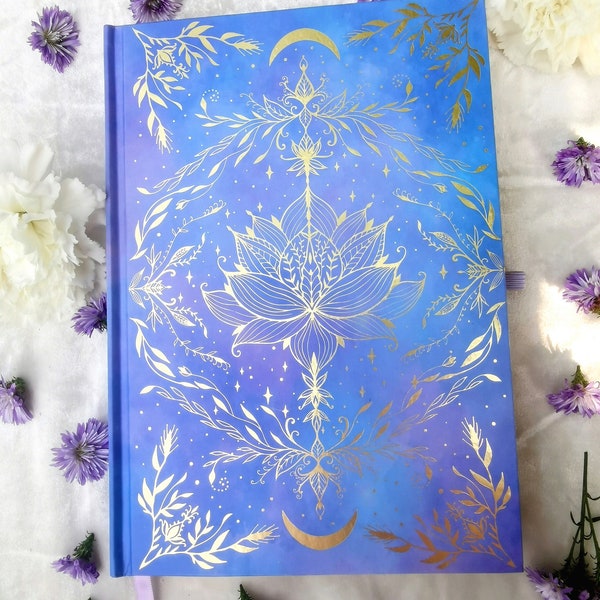 Ethereal Night Gold Hard Cover Journal - Purple/Blue Lotus. Blank or dotted pages 120gsm  Journaling/ Scrapbooking/ Art Journal