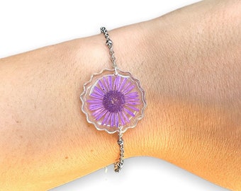Resin flowers bracelet, Adjustable bracelet, Purple daisy bracelet, Steel bracelet, Bracelet with resin flowers, Rosary bracelet