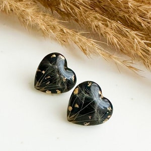 Black resin heart, Gold heart studs, Dried flower earrings, Real flower earrings, Heart shaped earrings, Pressed flowers gift image 1