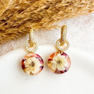 Dried flower earrings, Cubic zirconia huggie hoops, Resin flower jewelry, Wedding day earrings for bride, Terrarium jewelry, Gift for her image 1