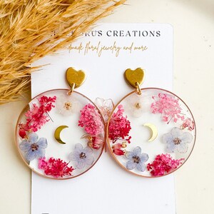 Real pressed flower earrings, Forget me not earrings, Resin hoop earrings, Nature jewelry, Botanical jewelry, Crescent moon earrings image 2