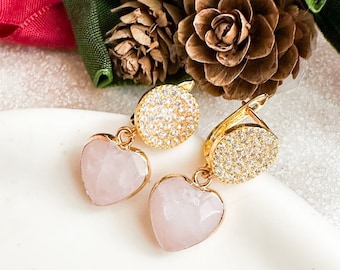 Gold dangling earrings with natural rose quartz stones, Glitter earrings with heart, Precious stone jewellery, Anniversary gifts