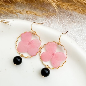 Pressed dried flower resin earrings, Black obsidian natural stone earrings, Pink hydrangea earrings, Valentine&#39;s Day gift idea