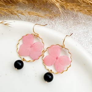 Pressed dried flower resin earrings, Black obsidian natural stone earrings, Pink hydrangea earrings, Valentine's Day gift idea