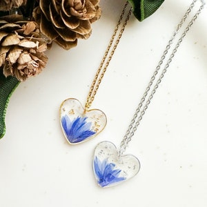 Women's blue dried flower necklace, Resin necklace with cornflower blue flowers, Heart necklace, Real flower jewelry, Resin jewelry image 1