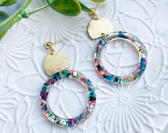 Resin hoop earrings with abalone shell pieces, Ball stud earrings gold, Summer earrings dangle, Sea lovers earrings