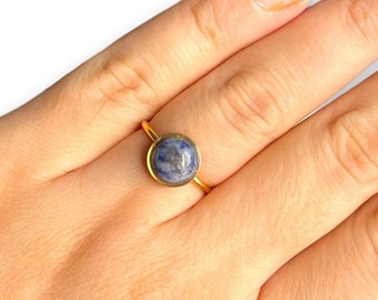 Natural stone ring, Blue stone ring, Thin gold ring, Adjustable ring, Sodalite ring, Women's steel ring, Gift for her,