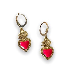 Sacred heart huggie earrings, Mexican earrings, Religious catholic earrings, Milagros heart earrings, Tiny hoop earrings, Unique gift