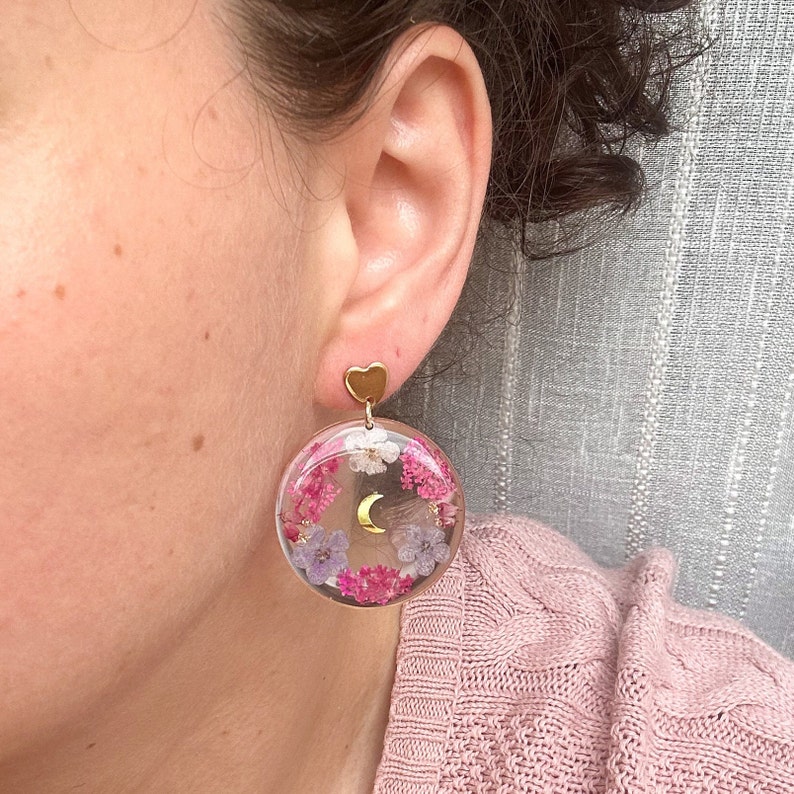 Real pressed flower earrings, Forget me not earrings, Resin hoop earrings, Nature jewelry, Botanical jewelry, Crescent moon earrings image 6