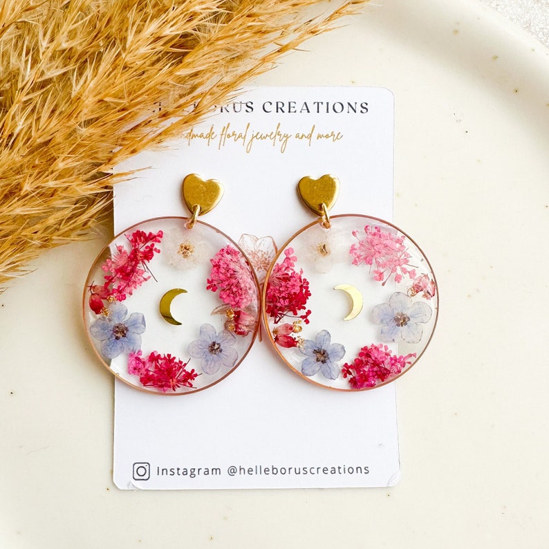 Real pressed flower earrings, Forget me not earrings, Resin hoop earrings, Nature jewelry, Botanical jewelry, Crescent moon earrings image 2