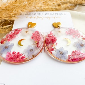 Real pressed flower earrings, Forget me not earrings, Resin hoop earrings, Nature jewelry, Botanical jewelry, Crescent moon earrings image 4