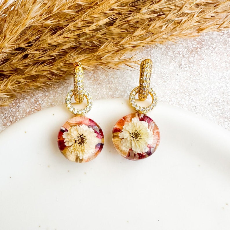 Dried flower earrings, Cubic zirconia huggie hoops, Resin flower jewelry, Wedding day earrings for bride, Terrarium jewelry, Gift for her image 1