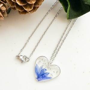 Women's blue dried flower necklace, Resin necklace with cornflower blue flowers, Heart necklace, Real flower jewelry, Resin jewelry image 5