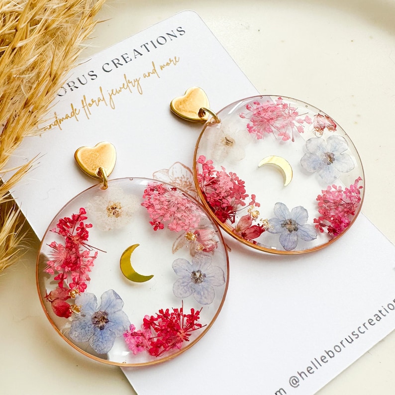 Real pressed flower earrings, Forget me not earrings, Resin hoop earrings, Nature jewelry, Botanical jewelry, Crescent moon earrings image 3