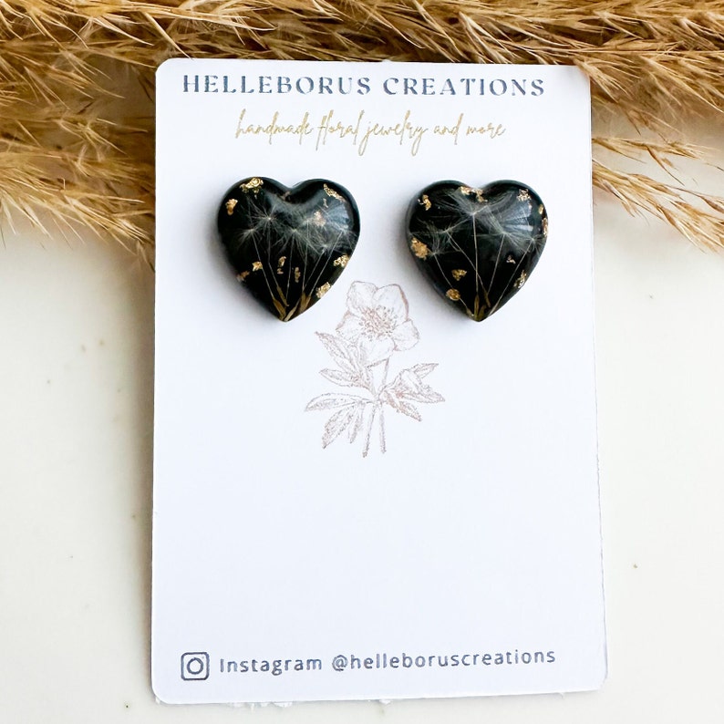 Black resin heart, Gold heart studs, Dried flower earrings, Real flower earrings, Heart shaped earrings, Pressed flowers gift image 4
