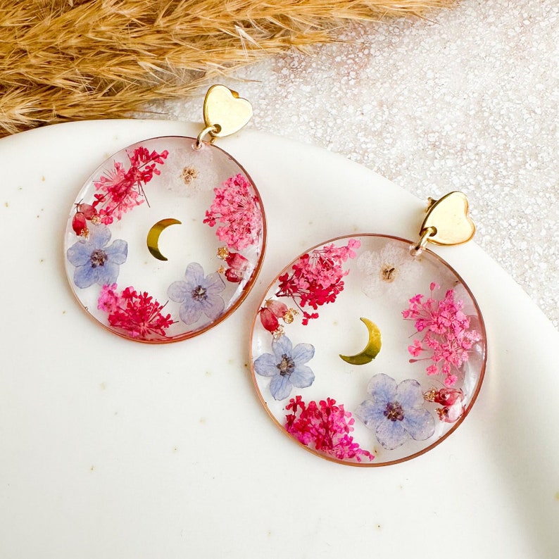 Real pressed flower earrings, Forget me not earrings, Resin hoop earrings, Nature jewelry, Botanical jewelry, Crescent moon earrings image 1