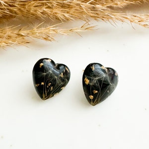 Black resin heart, Gold heart studs, Dried flower earrings, Real flower earrings, Heart shaped earrings, Pressed flowers gift image 2