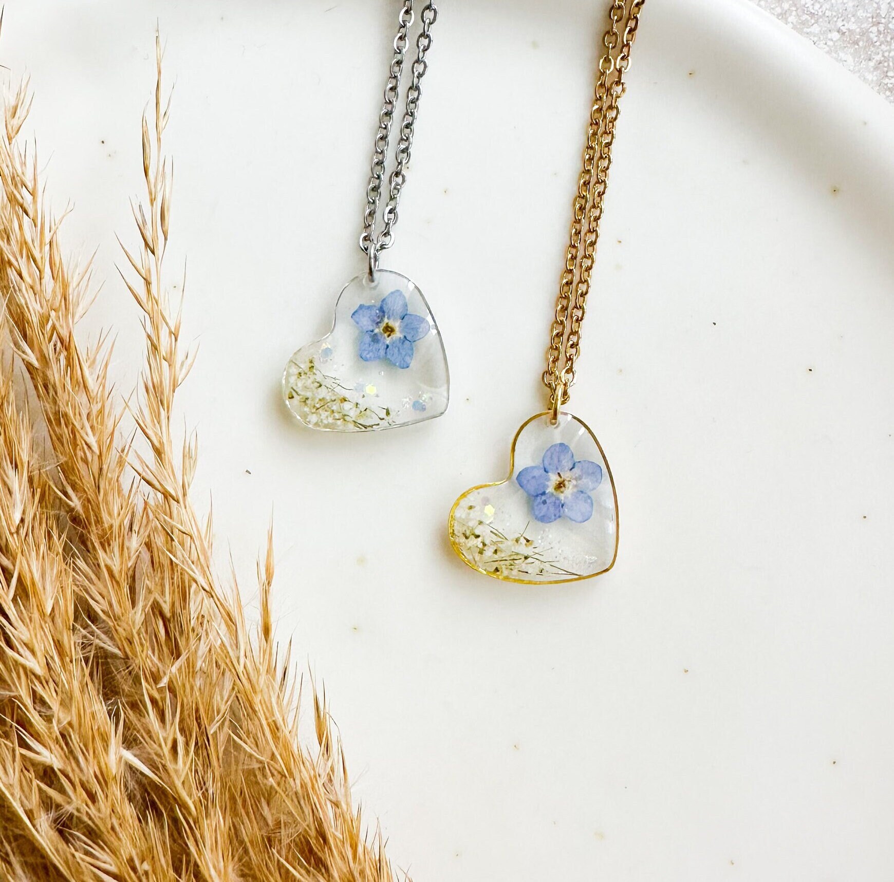 Dainty Heart Resin Necklace With Real Pressed Flowers, Forget Me