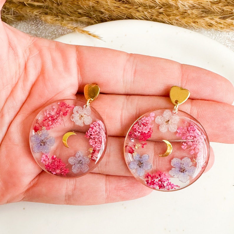 Real pressed flower earrings, Forget me not earrings, Resin hoop earrings, Nature jewelry, Botanical jewelry, Crescent moon earrings image 5