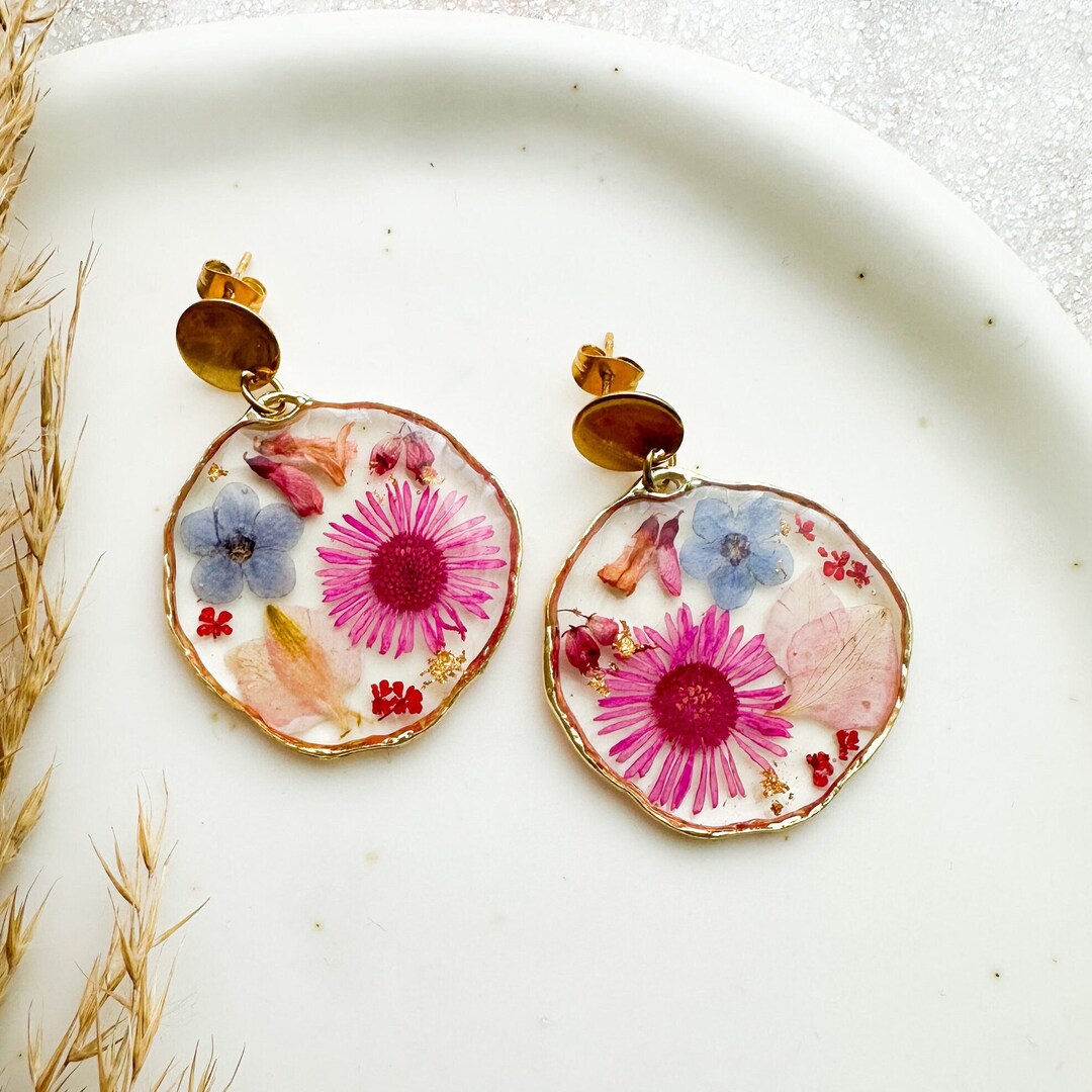 Dried Flowers Earrings, Resin Hoop Earrings, 30th Birthday Gift for Her