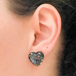 Black resin heart, Gold heart studs, Dried flower earrings, Real flower earrings, Heart shaped earrings, Pressed flowers gift image 5