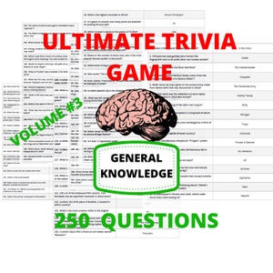 250 Trivia Questions (General Knowledge) Volume #3 - Pub Quiz  - Printable Quiz - Quarantine Trivia Game -  Family Games