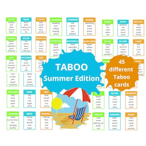 May include: A colorful illustration of a beach scene with a beach chair, umbrella, and sun. The illustration is surrounded by 45 colorful squares, each containing a word related to summer. The words are organized into categories such as travel, swim, t-shirt, canoeing, starfish, diving, garden, solar, tropical, cocktail, butterfly, sunflower, picnic, island, camp, hike, coconut, fun, anchor, sun, sky, campfire, bees, berries, beach, surfing, and seaweed. The illustration is titled "Taboo Summer Edition" and "45 different Taboo cards".