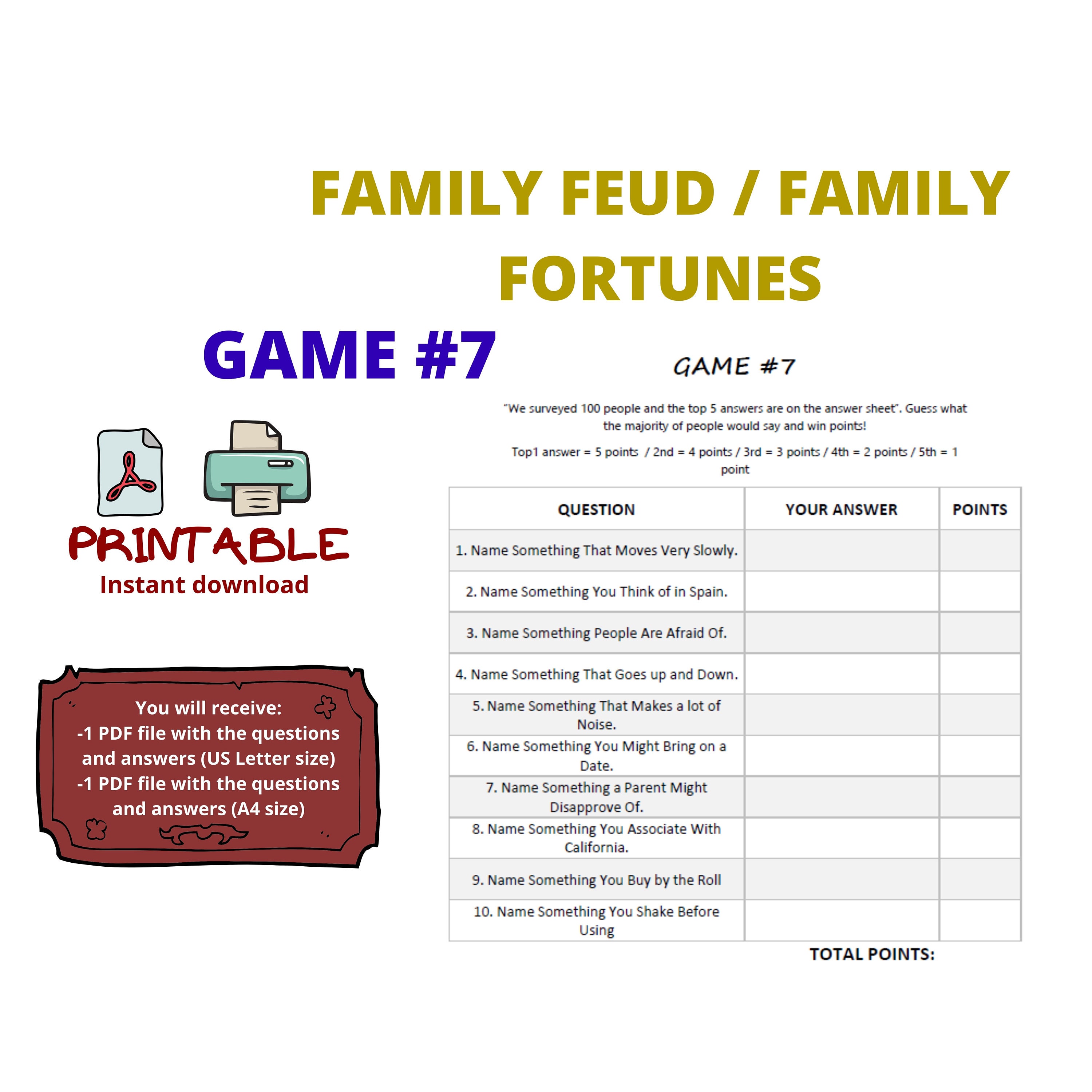 Game 7 Family Feud Family Fortunes Quiz Game Pub Quiz Etsy