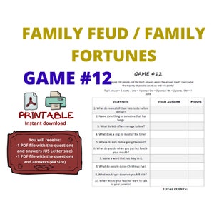 Game #12 Family Feud / Family Fortunes - Quiz Game - Pub Quiz - 10 questions - Printable - Family Game - Party Games