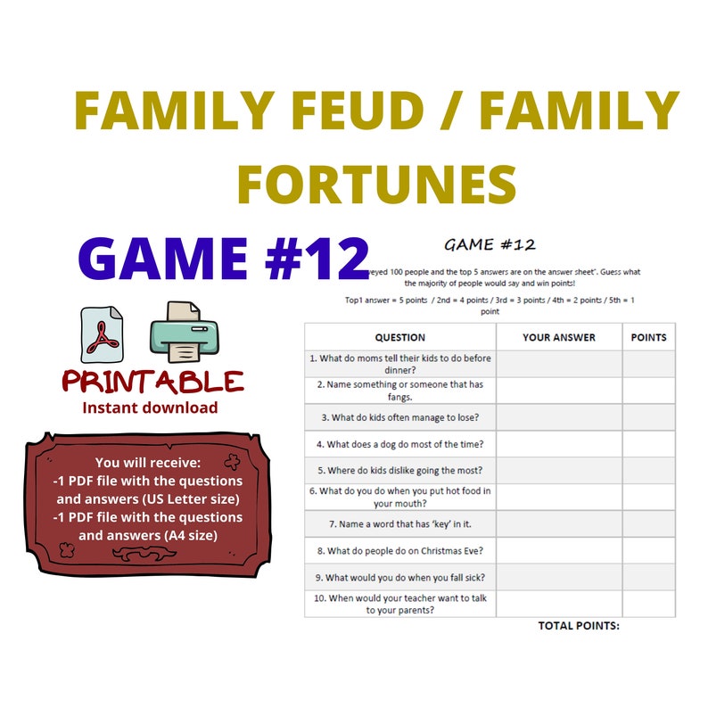 Game 12 Family Feud / Family Fortunes Quiz Game Pub Quiz 10 Questions Printable Family Game