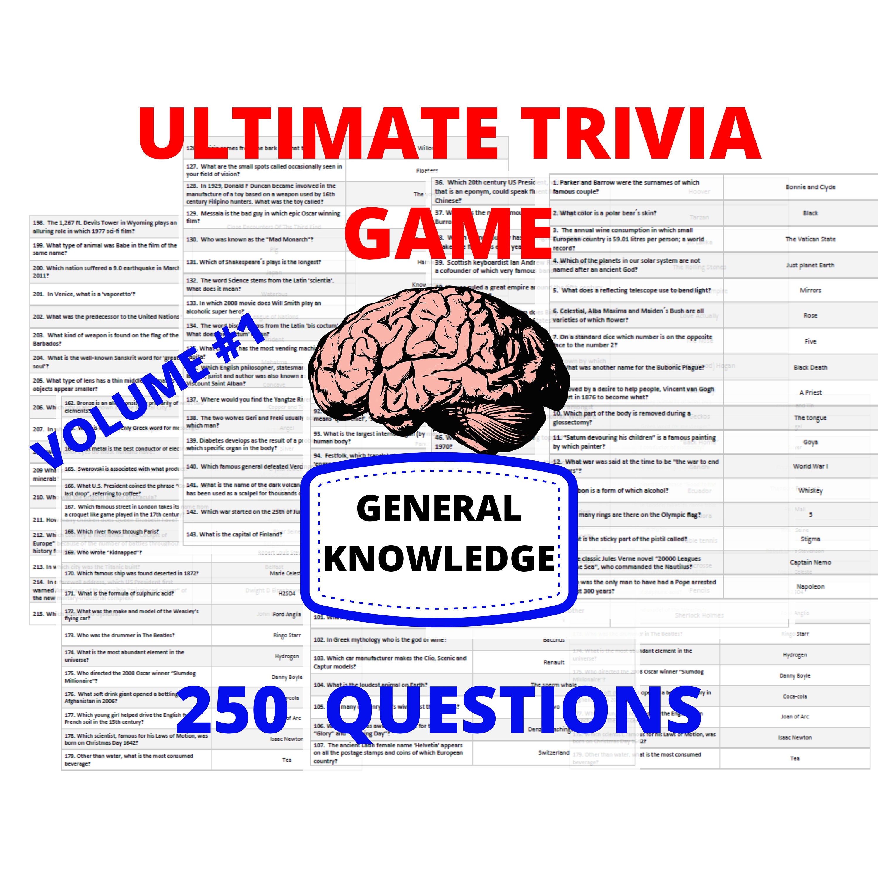250 Trivia Questions General Knowledge Volume 1 Pub Quiz Etsy