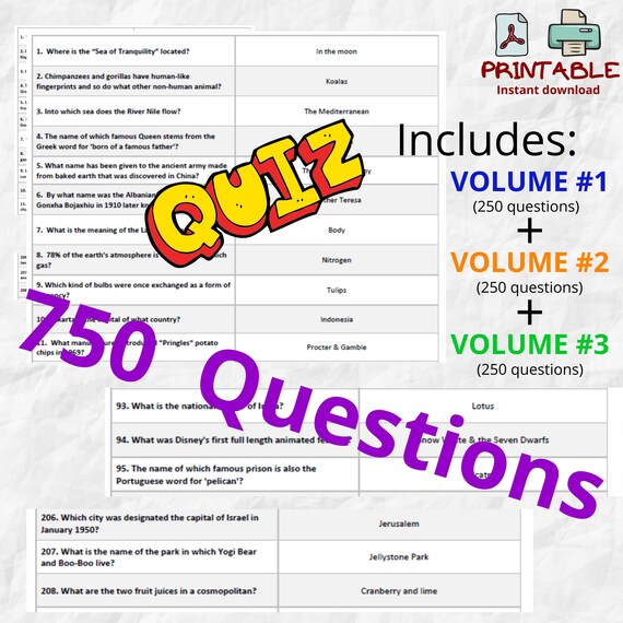 750 Trivia Questions Pack General Knowledge Pub Quiz Etsy