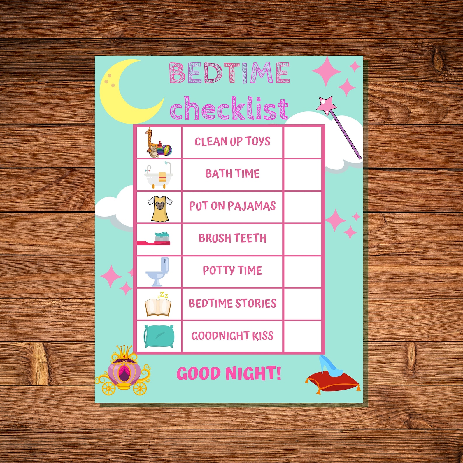 Girls Bedtime Checklist Princess Chore Chart Kid Bedtime Routine ...