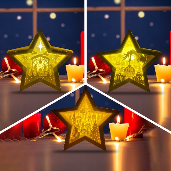 Pack 3 Christmas 4 Star Lamp Decoration, Christmas Star Lanterns Shadow Box SVG for Cricut Projects DIY, Shadow Box SVG