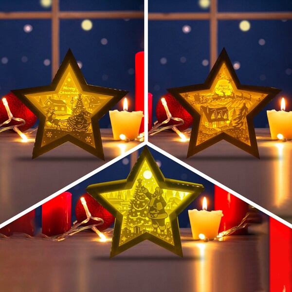 Pack 3 Christmas 3 Star Lamp Decoration, Christmas Star Lanterns Shadow Box SVG for Cricut Projects DIY, Shadow Box SVG