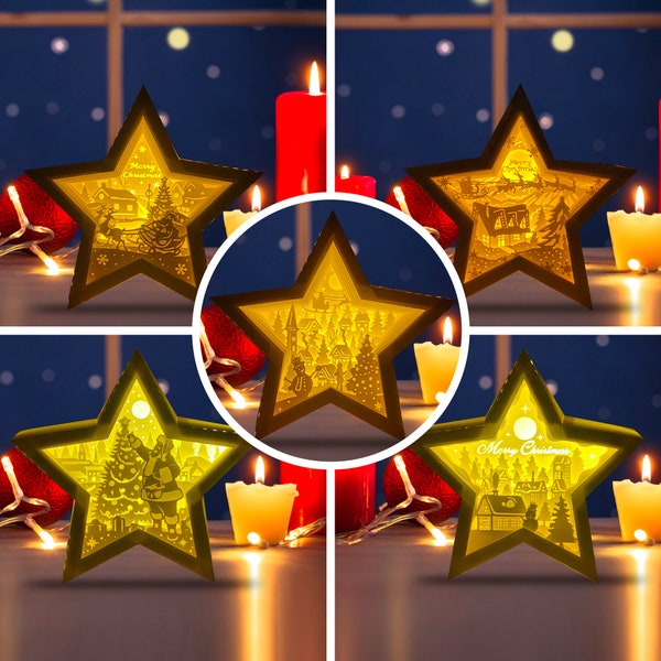 Pack 5 Christmas 2 Star Lamp Decoration, Christmas Star Lanterns Shadow Box SVG for Cricut Projects DIY, Shadow Box SVG