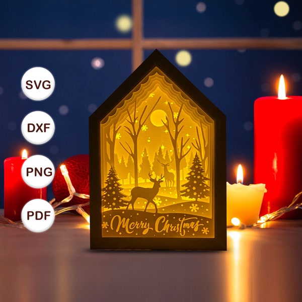 Merry Christmas 2 House Lamp Decoration, Christmas House Lanterns Shadow Box SVG for Cricut Projects DIY, Shadow Box SVG