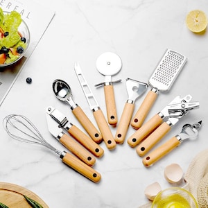 9pcs/set Wooden Handle Kitchen Tools Stainless Steel Set - Cutter, Opener, Peeler Kitchen Tools