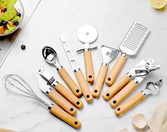9pcs/set Wooden Handle Kitchen Tools Stainless Steel Set - Cutter, Opener, Peeler Kitchen Tools