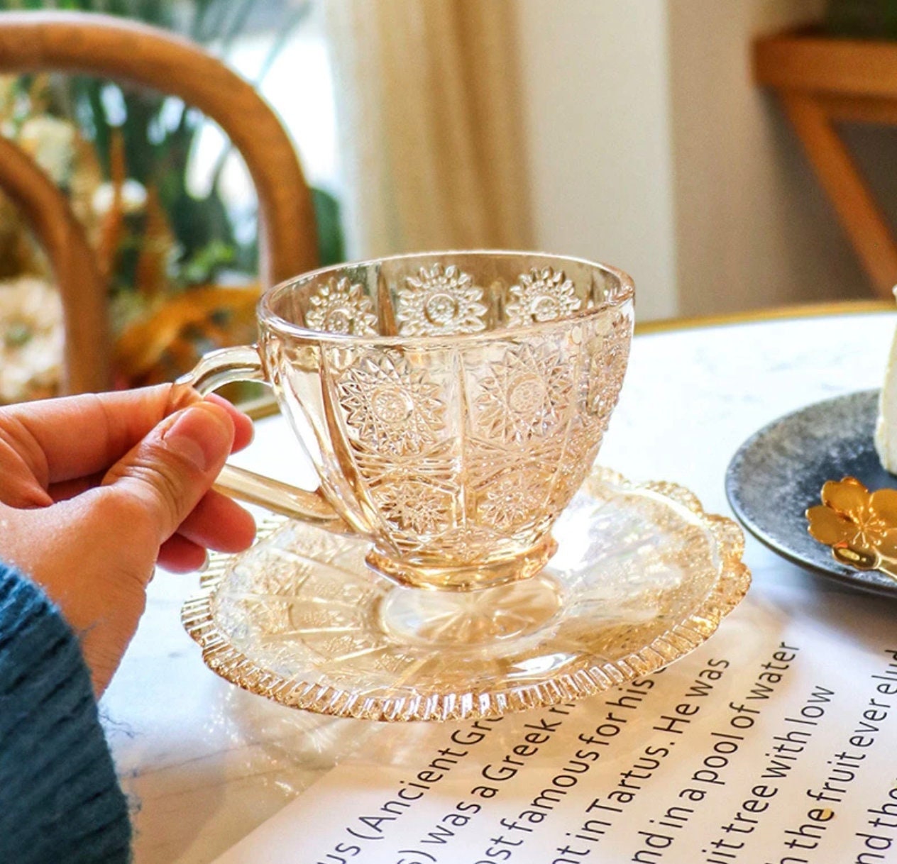 cosnou Vintage Glass Tea Cups with Saucers, Glass Mugs 7 Oz Set of 6  Espresso Coffee Embossed Glassw…See more cosnou Vintage Glass Tea Cups with