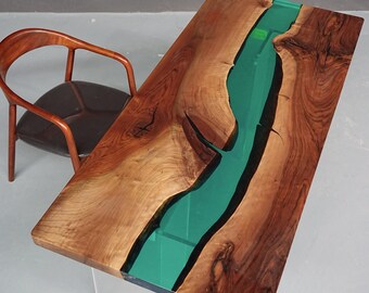 Custom Walnut Epoxy Table – Green Resin River, Handmade in USA