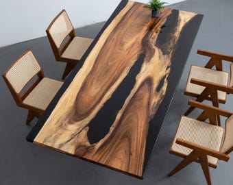 Handmade Walnut Epoxy Table – Black Resin River Design