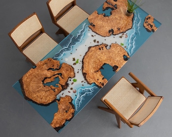 Handmade Cunninghamia Wood Epoxy Table – Wave Blue Resin River