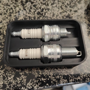 May include: Two spark plugs in a black plastic tray. The spark plugs have a white ceramic insulator, a silver metal body, and a small electrode. The tray has two slots to hold the spark plugs securely.