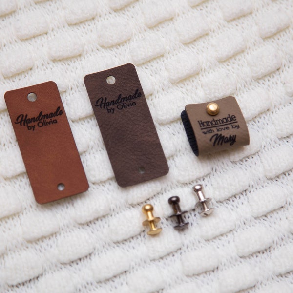 Beautiful faux leather labels. Personalized tags. Clothing labels. Custom leather labels. Garment labels. Tags with OR without rivets.