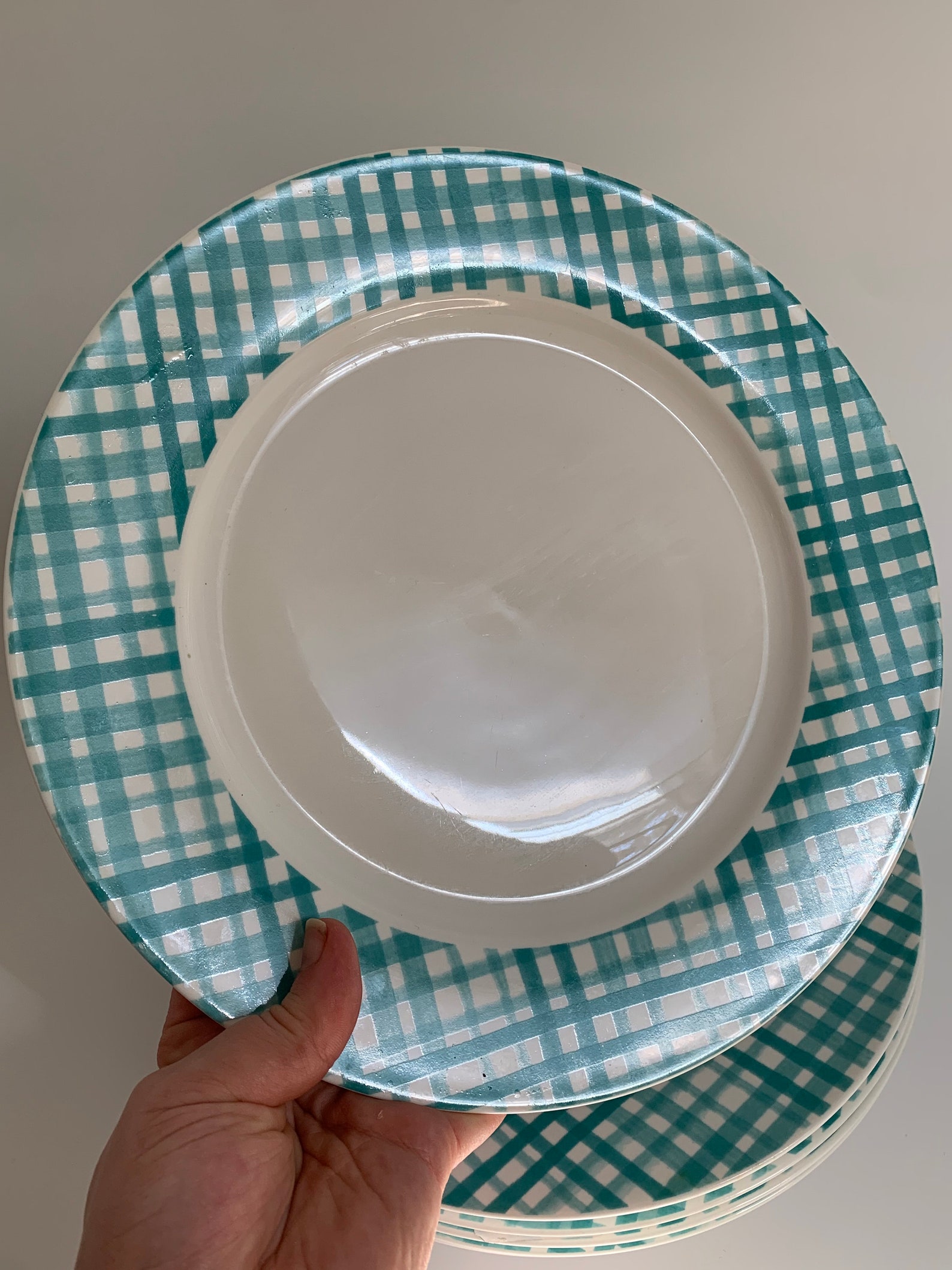 Checkerboard Set of Plates in Turquoise Gingham Pattern Etsy