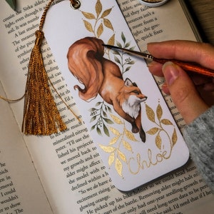 Personalized fox bookmark with tassel, personalized gifts for book lovers, watercolour fox art bookmark, bookmark with name, book worm gift zdjęcie 1