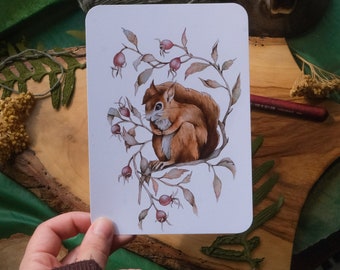 Squirrel watercolor greeting card with envelope, Cute birds greeting card, Christmas animals greeting card with rounded corners