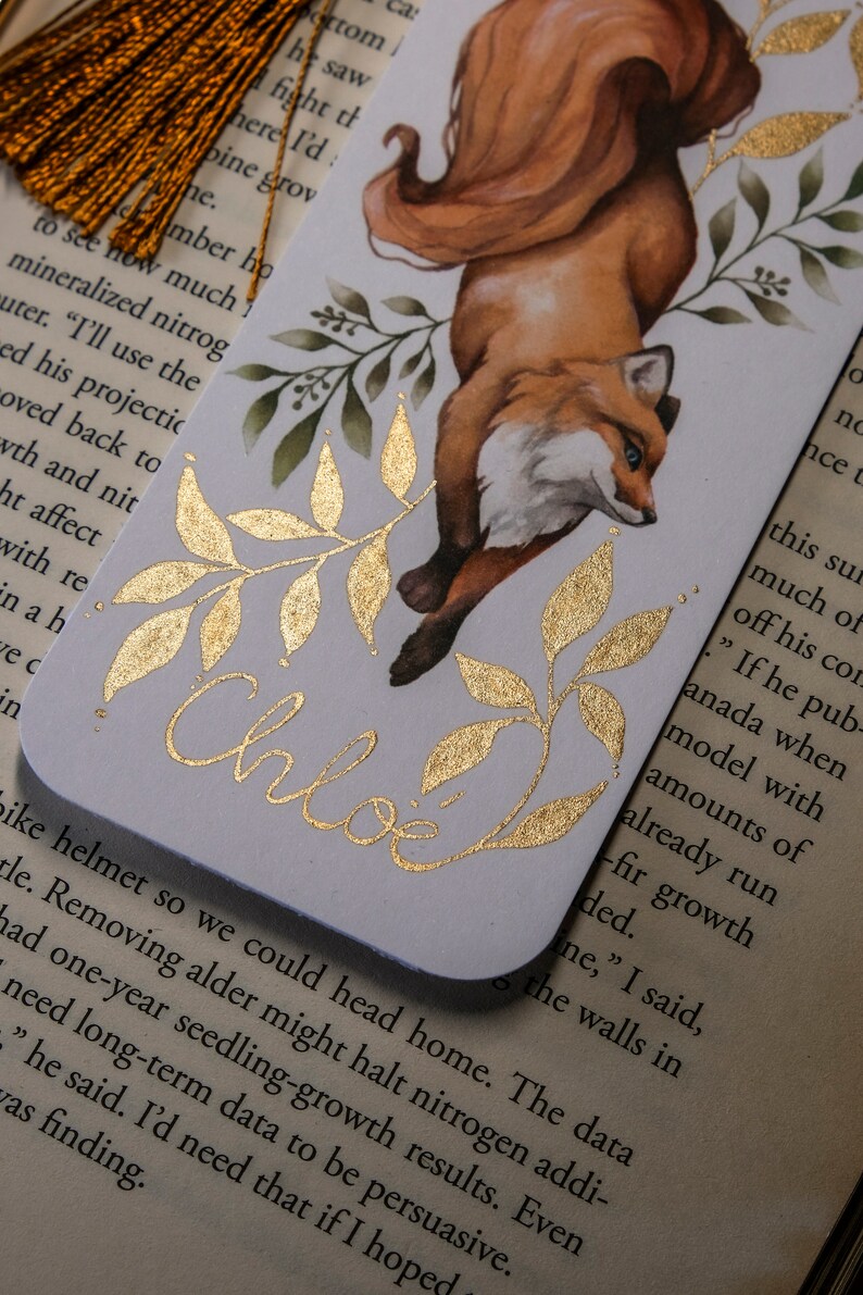 Personalized fox bookmark with tassel, personalized gifts for book lovers, watercolour fox art bookmark, bookmark with name, book worm gift zdjęcie 2